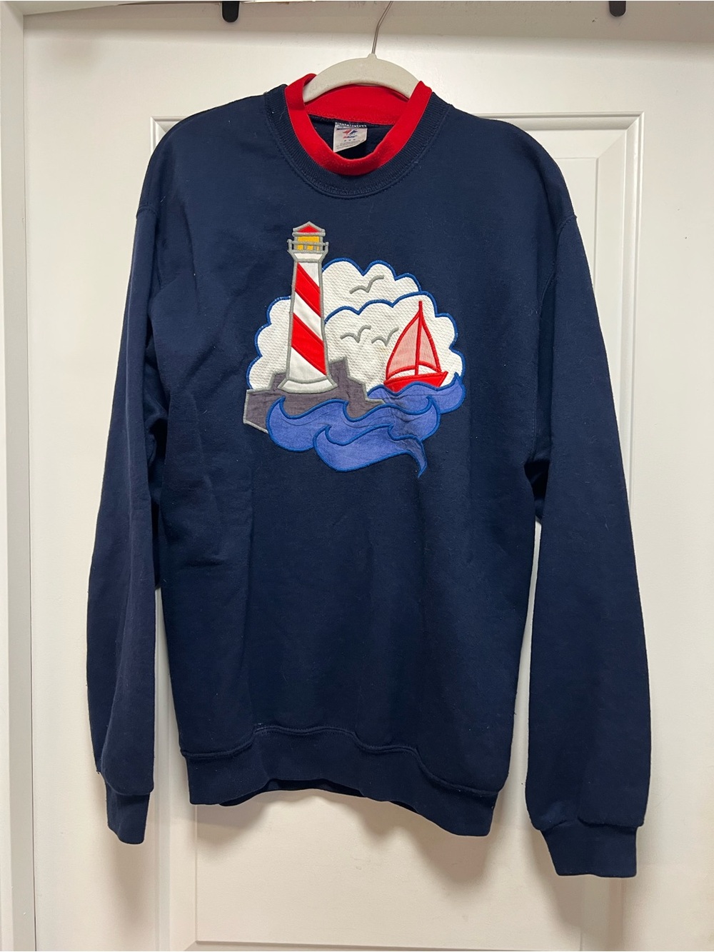VTG Nautical Lighthouse Embroidered Navy Crewneck Sweater - Men